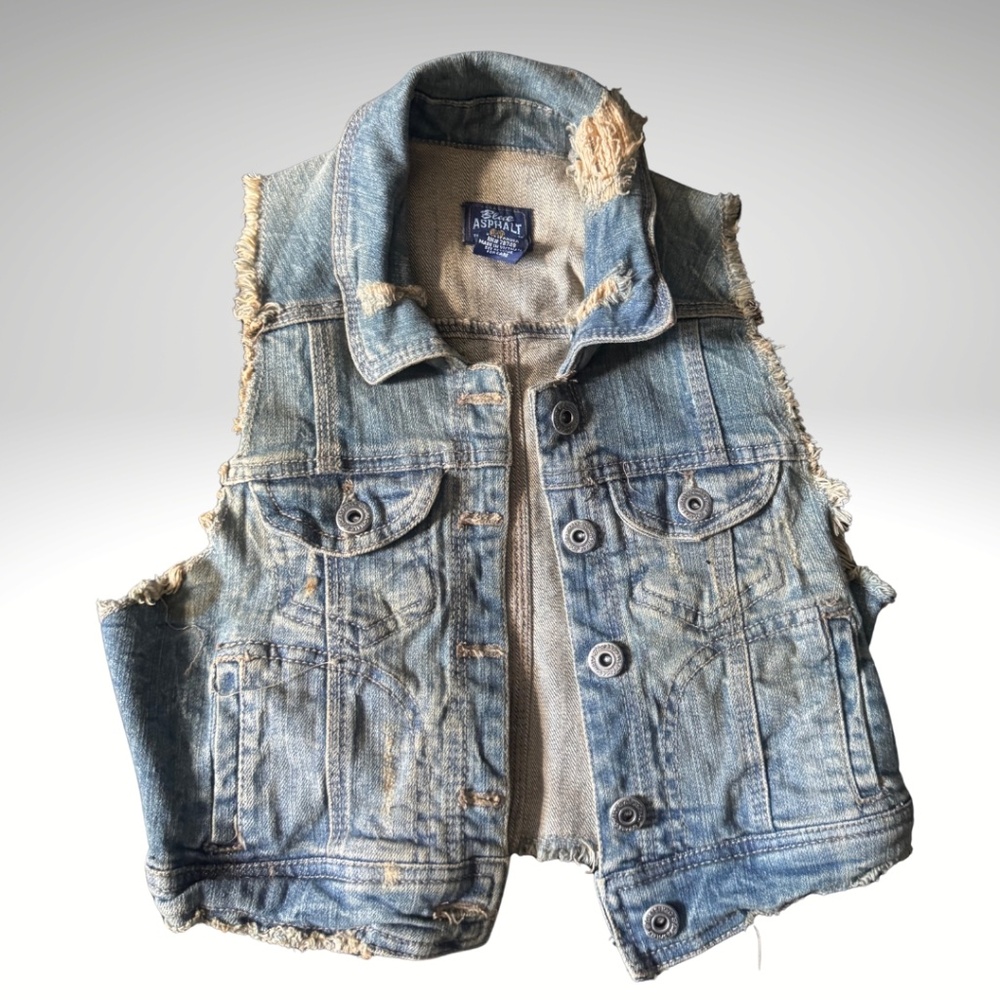 Y2K Blue Asphalt Cropped Distressed Denim Vest Size Small